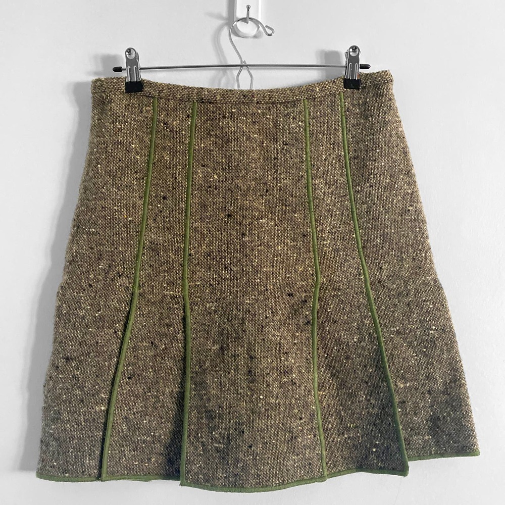 Moschino Cheap Chic Women's‎ Layered Brown Tweed Panel Skirt Green Trim Preppy